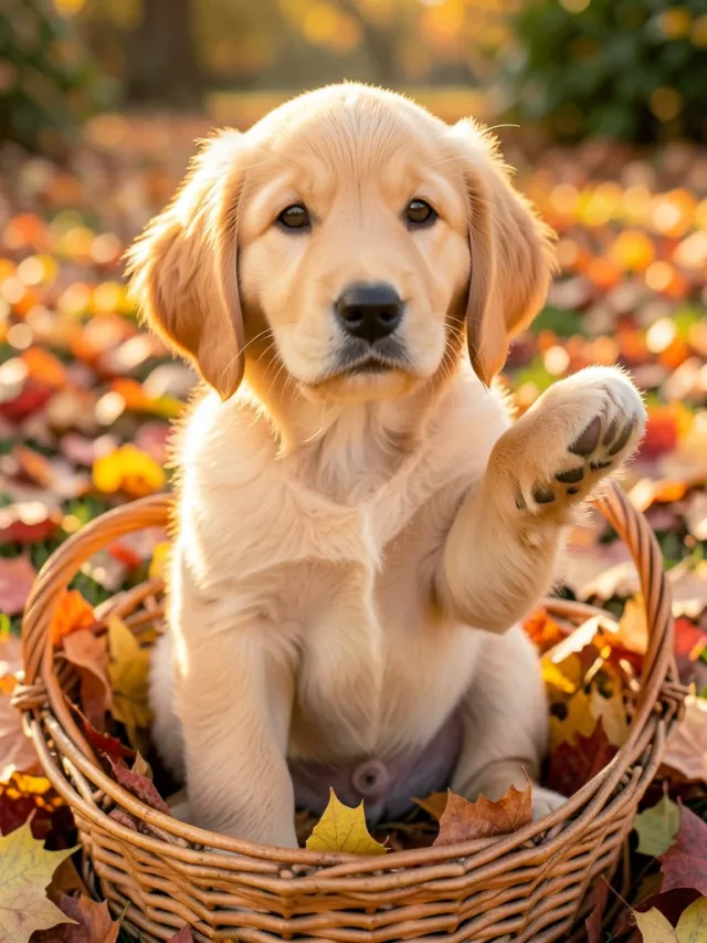 Playful golden retriever puppy with floppy ears sitting in a basket of autumn leaves, one paw raised