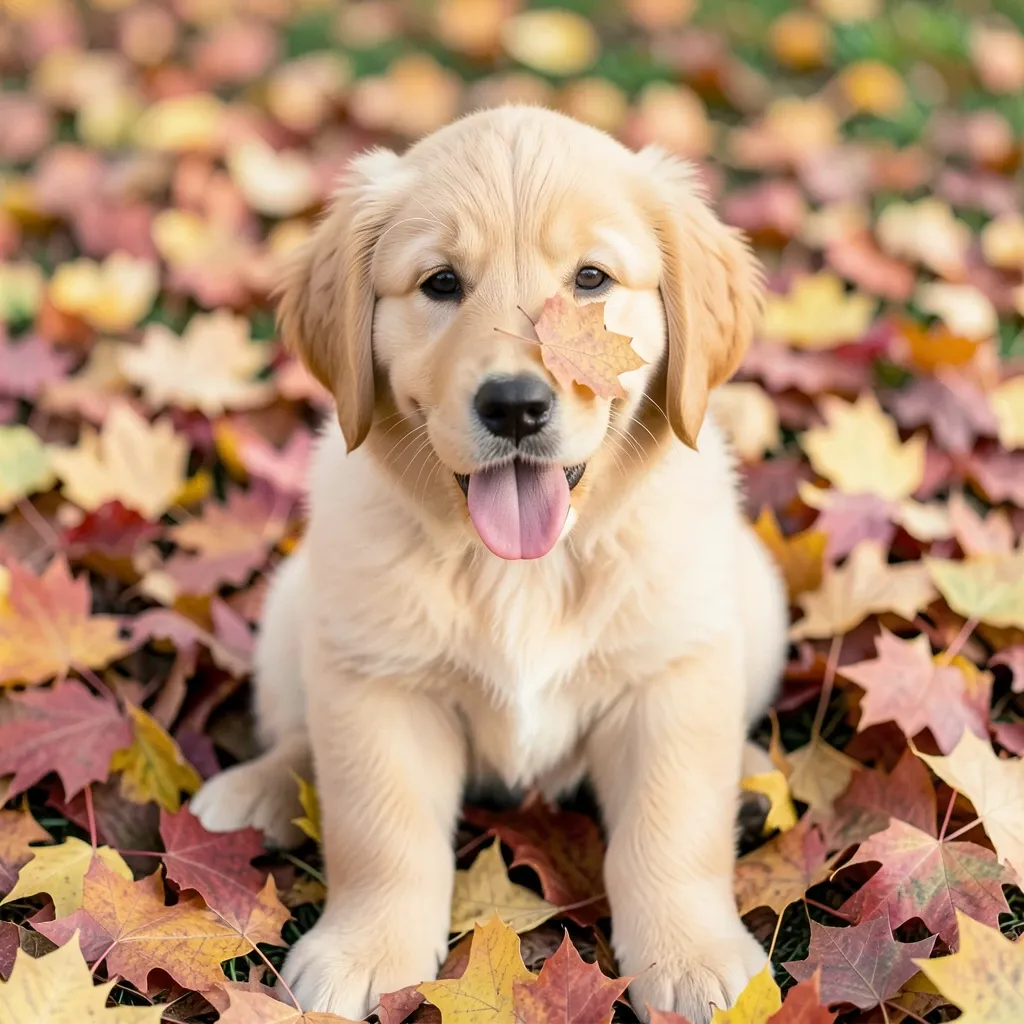 Fluffy golden retriever puppy sitting in autumn maple leaves with a leaf on its nose