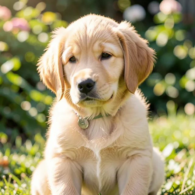 Playful golden retriever puppy with floppy ears tilted head in a sunlit garden