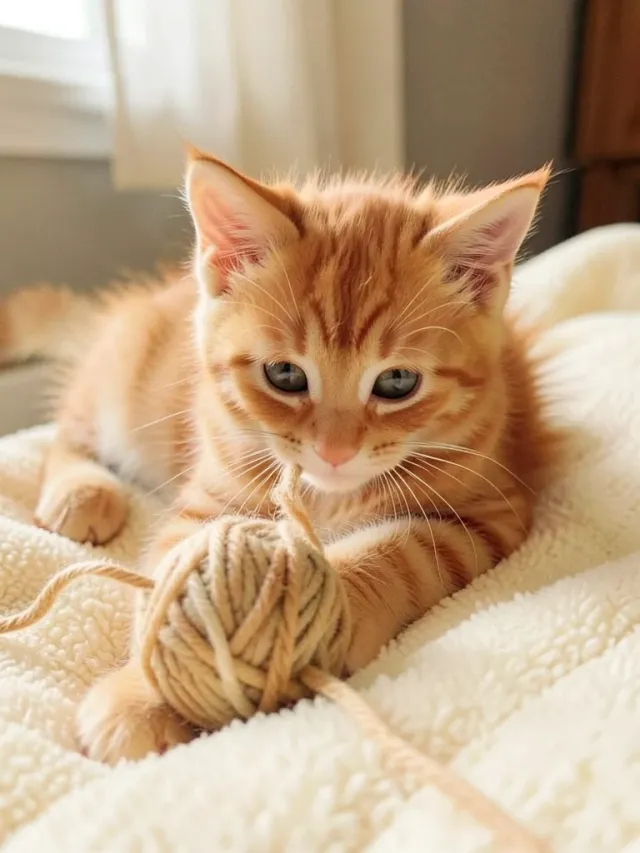Fluffy orange kitten batting at a ball of yarn on a cream blanket with bright curious eyes