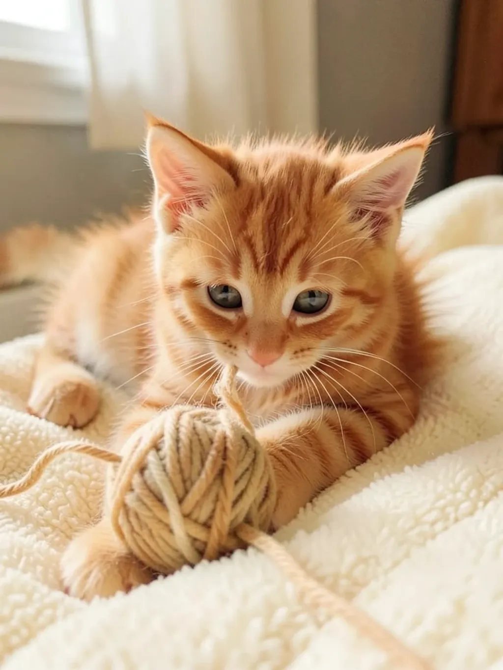 Fluffy orange kitten batting at a ball of yarn on a cream blanket with bright curious eyes
