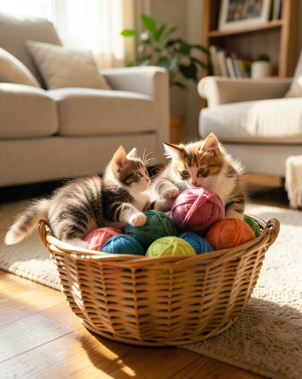 Two playful kittens tumbling in a basket of colorful yarn balls in soft afternoon light