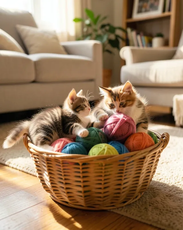 Two playful kittens tumbling in a basket of colorful yarn balls in soft afternoon light