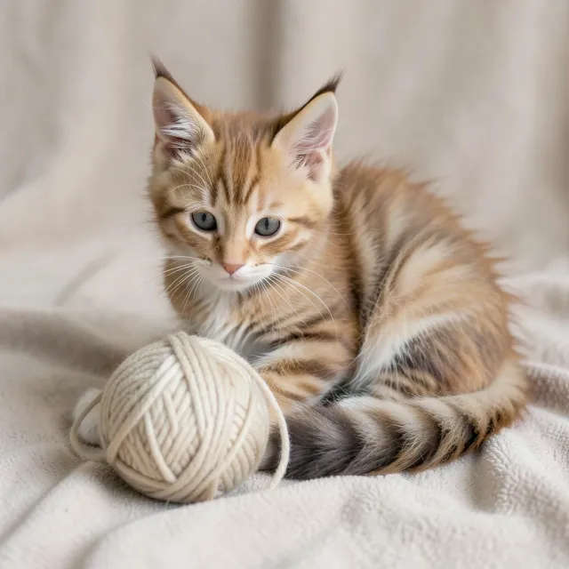 Fluffy Maine Coon kitten with tufted ears batting at a ball of yarn with bushy tail curled around its body