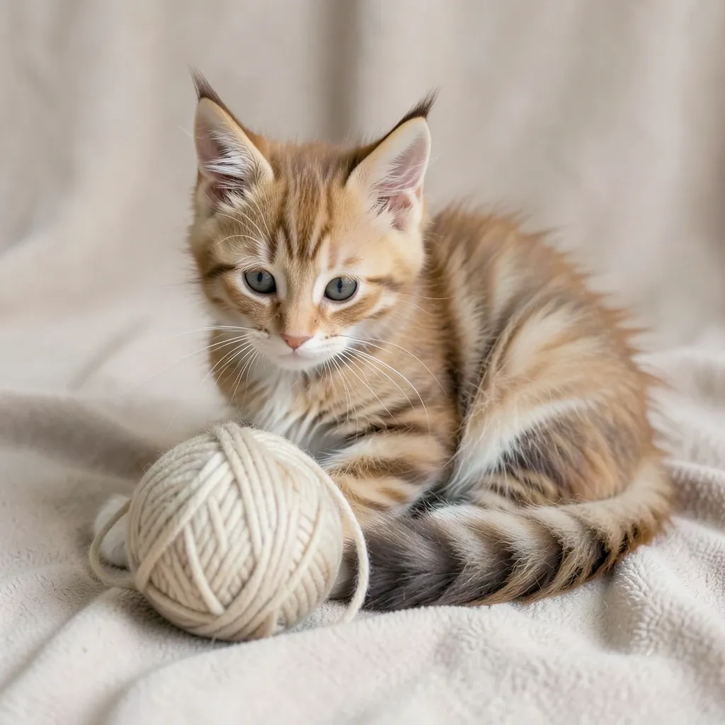 Fluffy Maine Coon kitten with tufted ears batting at a ball of yarn with bushy tail curled around its body