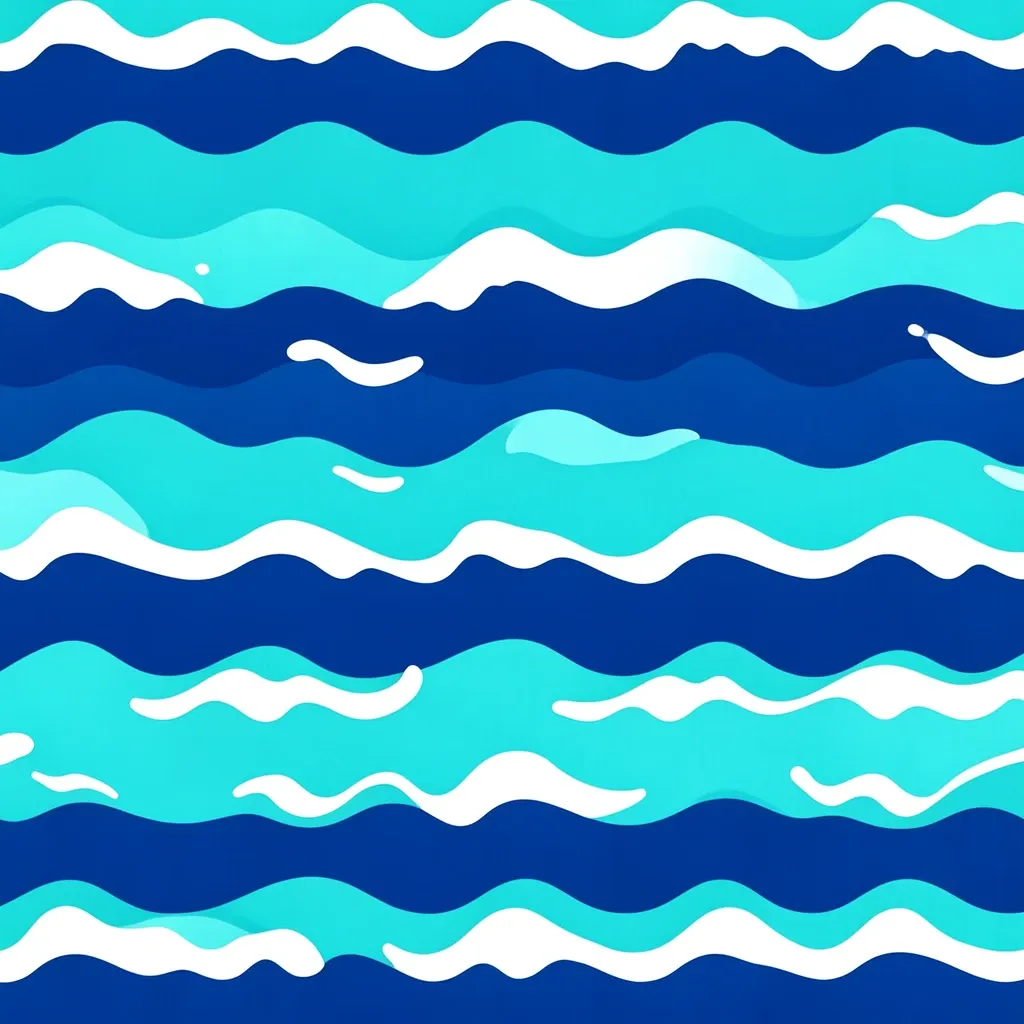 Playful repeating ocean waves pattern in turquoise and deep blue with white foam crests