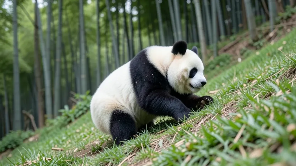 Fluffy giant panda rolling down a grassy slope with bamboo forest background and soft overcast light