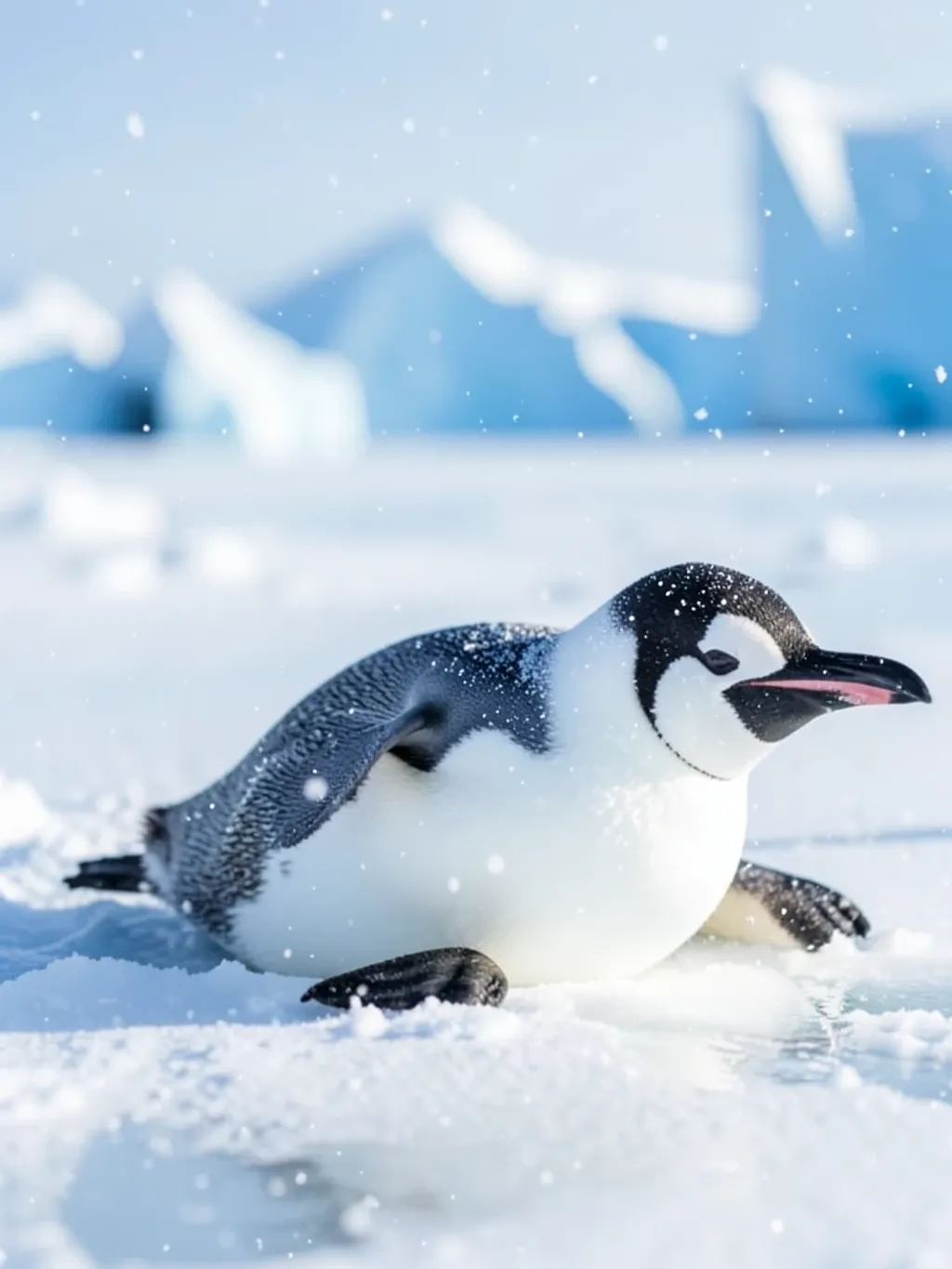 Playful emperor penguin sliding on its belly across winter ice with snowflakes