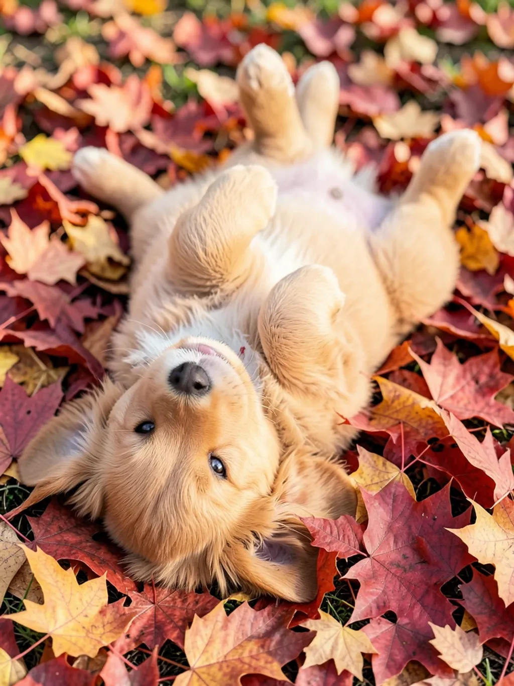 Fluffy golden retriever puppy rolling on its back in red and orange maple leaves with paws in the air