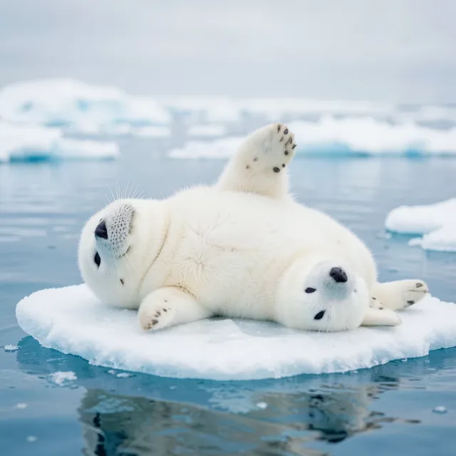 Fluffy white seal pup lying on its back on an ice floe with flippers in the air and blue water around