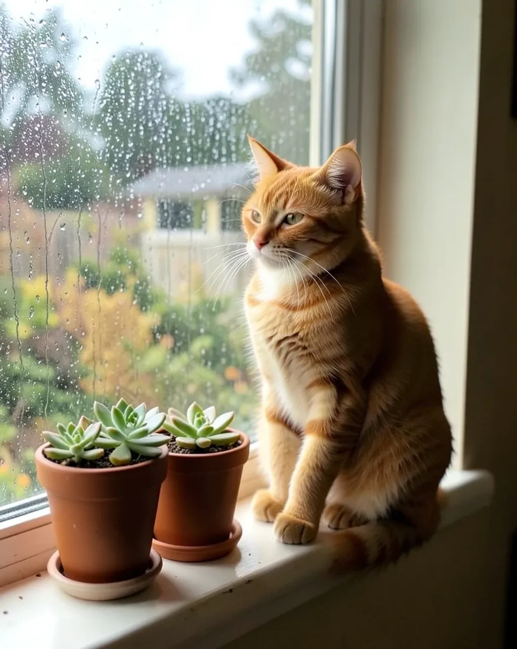 Playful orange tabby cat sitting on a sunny windowsill with succulents and a rain-streaked window