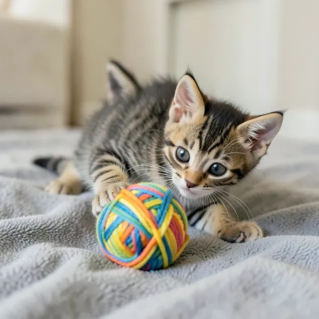Small tabby kitten batting at a colorful yarn ball on a soft grey blanket with big curious eyes