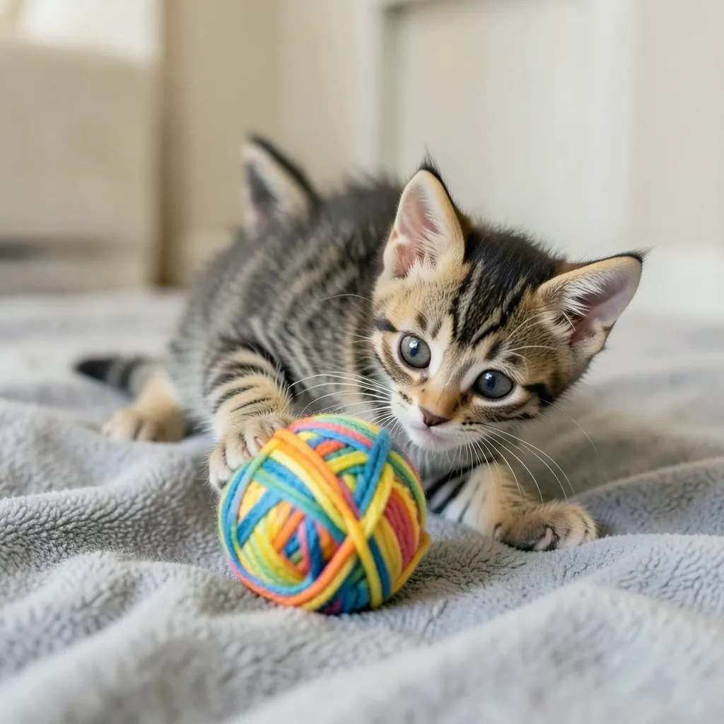 Small tabby kitten batting at a colorful yarn ball on a soft grey blanket with big curious eyes
