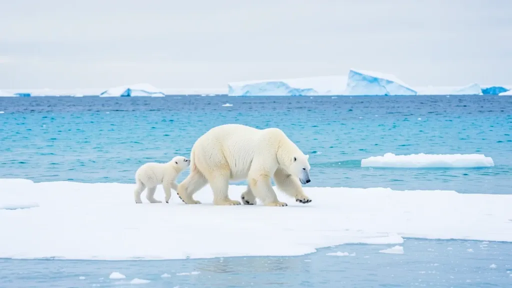 Mother polar bear with two cubs walking across a snowy ice floe with blue arctic water and distant icebergs