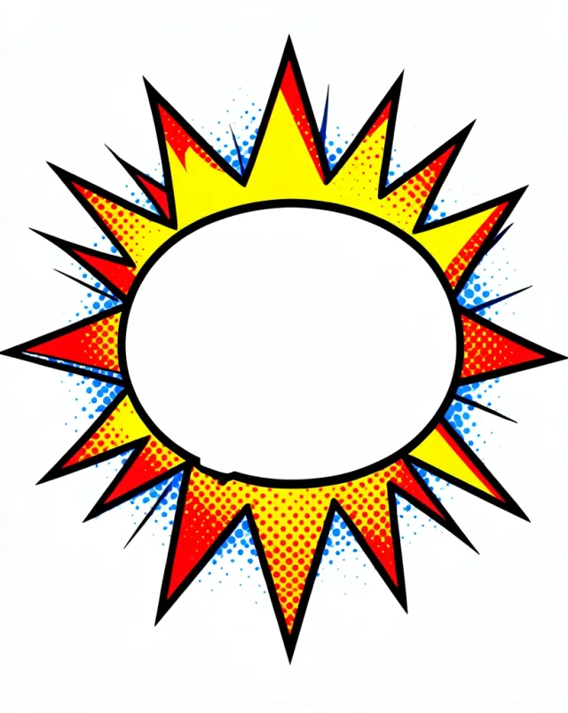 Pop-art comic graphic with a yellow starburst, an empty white speech bubble and Ben-Day dots on white