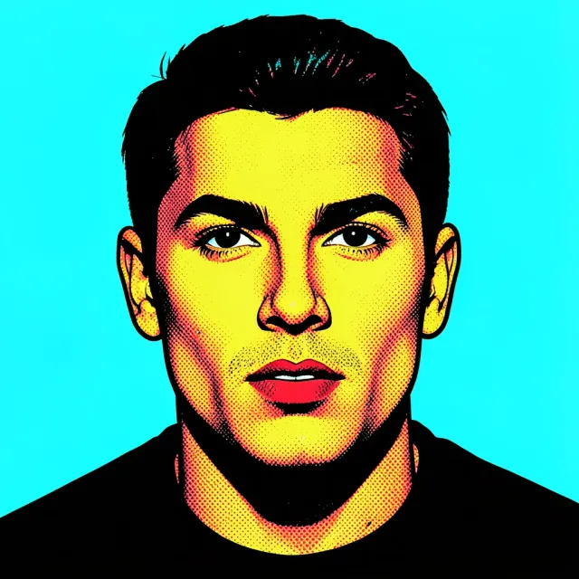 Bold pop-art portrait with Ben-Day halftone dots, thick black outlines and four flat colors