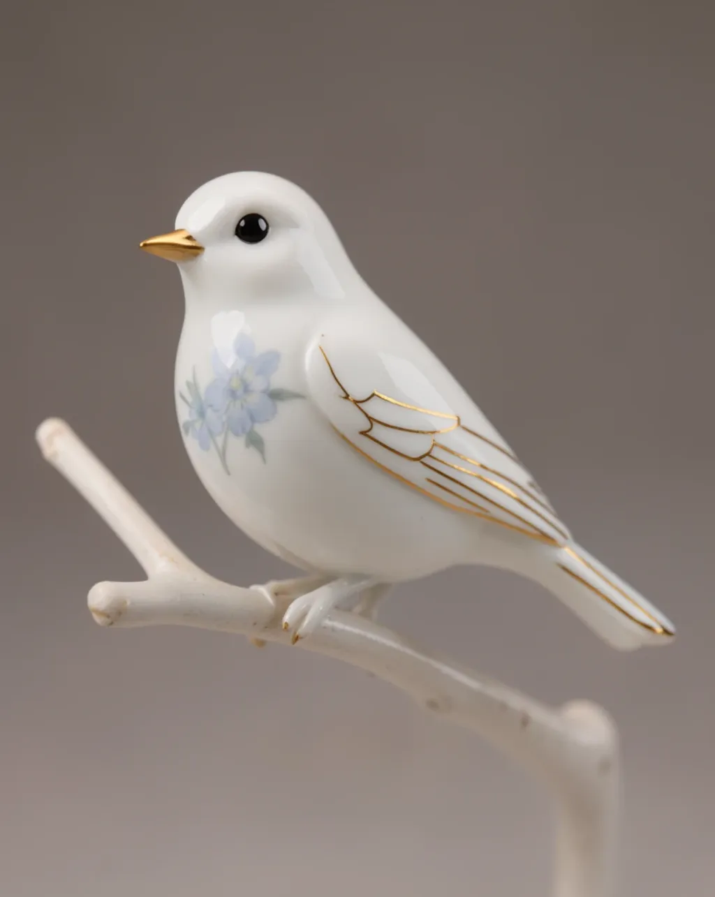 A porcelain 3D songbird figurine with gold seams in soft studio light
