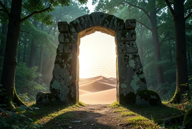 Stone archway in a green forest clearing with a portal showing sunlit desert dunes beyond
