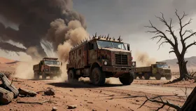 Post-apocalyptic convoy concept art with armoured trucks crossing a desert in dust brown and rust red