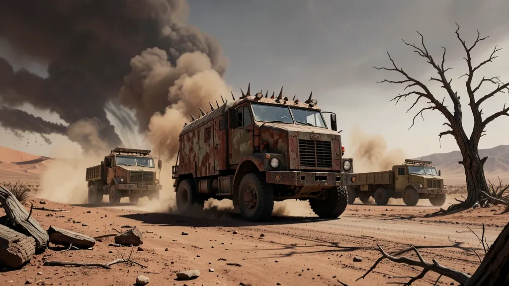 Post-apocalyptic convoy concept art with armoured trucks crossing a desert in dust brown and rust red
