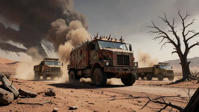 Post-apocalyptic convoy concept art with armoured trucks crossing a desert in dust brown and rust red