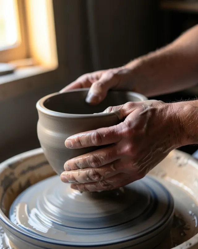 Close-up of a potter's hands throwing a wet clay bowl on a wheel with slip running down
