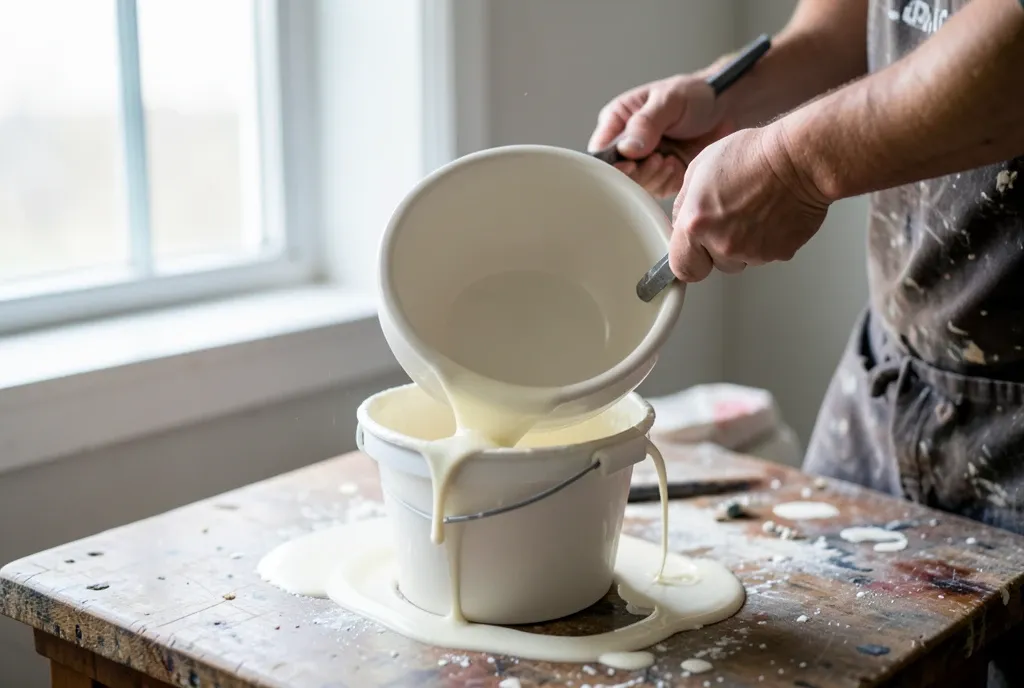 A potter dipping a stoneware bowl into a bucket of white glaze, the glaze sheeting off the rim.
