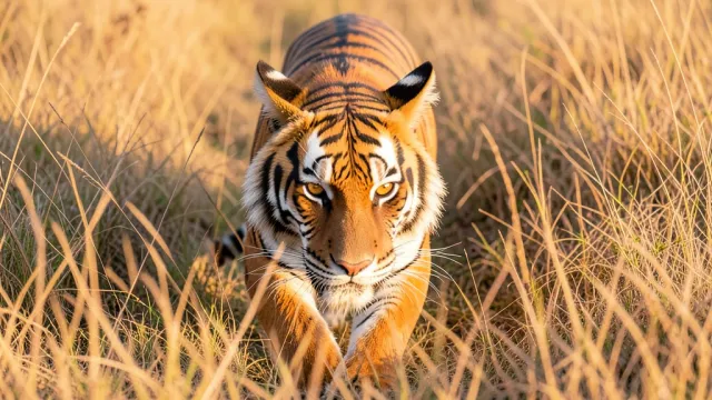Bengal tiger stalking through golden tall grass with intense amber eyes and warm savanna light