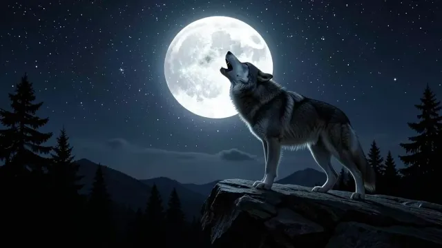 Powerful lone wolf howling at a full moon from a rocky outcrop under a starry night sky