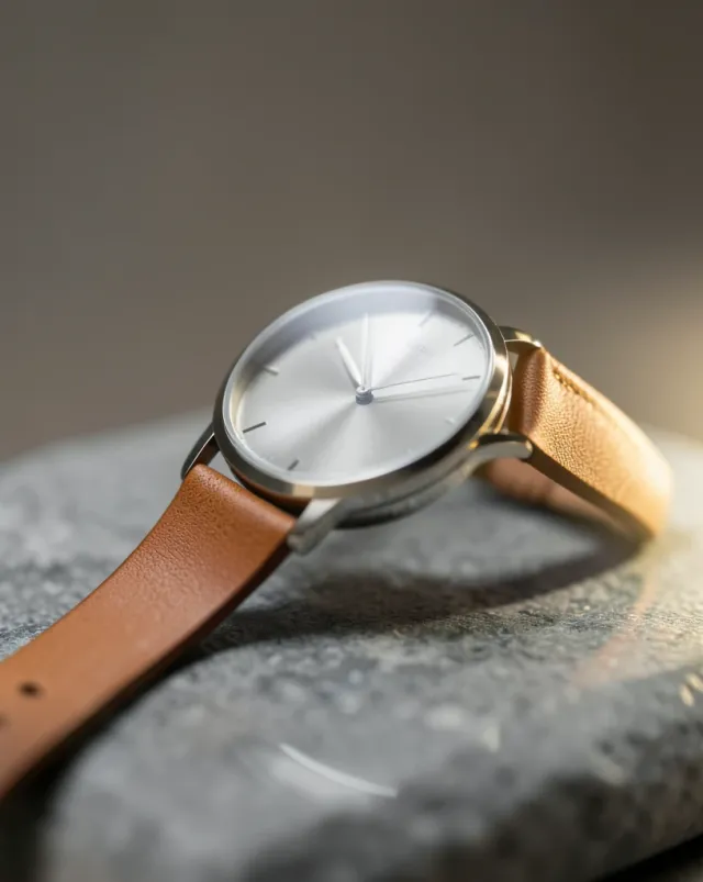 Minimalist analog watch with a tan leather strap on a grey stone slab under soft studio light with a subtle reflection