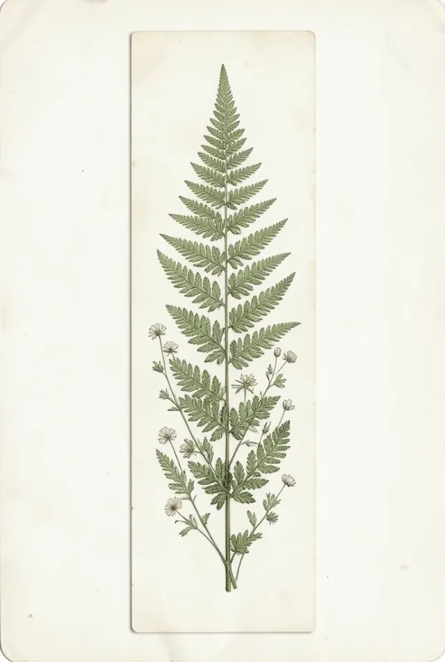 Pressed fern botanical bookmark with fern fronds and tiny wildflowers on aged cream paper
