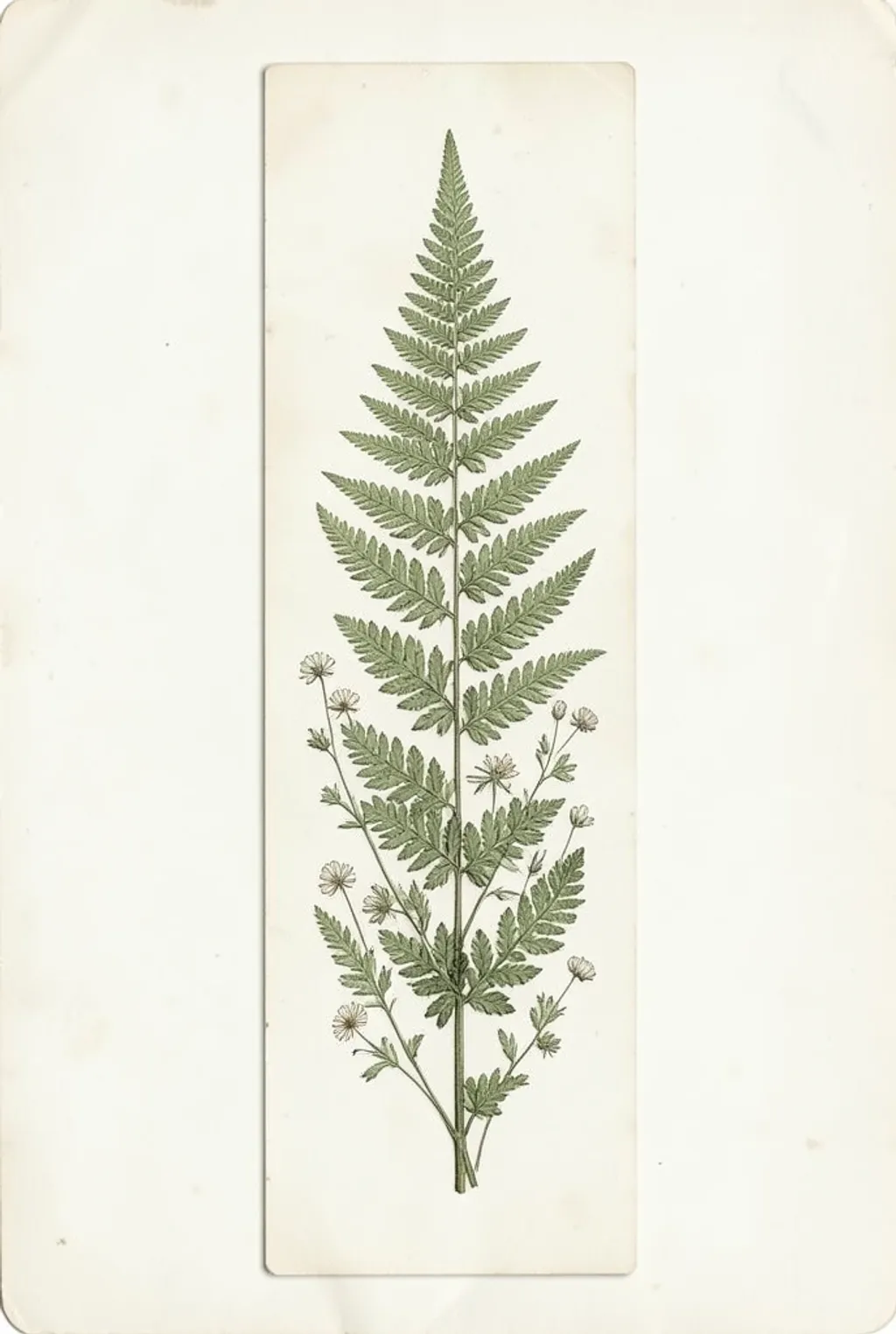 Pressed fern botanical bookmark with fern fronds and tiny wildflowers on aged cream paper