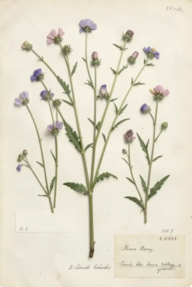 Pressed wildflowers arranged on cream paper in vintage herbarium style with blank labels