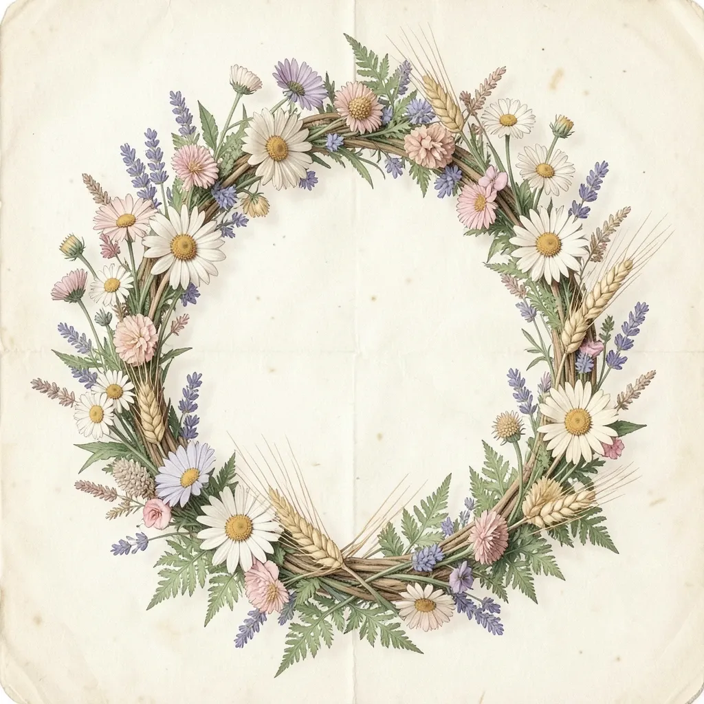 Pressed wildflower wreath with daisies, lavender, ferns, and wheat on aged cream paper