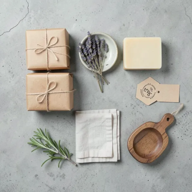 Product brand flatlay for handmade soap with kraft-wrapped bars lavender linen and rosemary on concrete