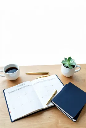 Productivity tips Pinterest pin flat-lay of a desk planner with coffee pen and succulent in white navy and gold