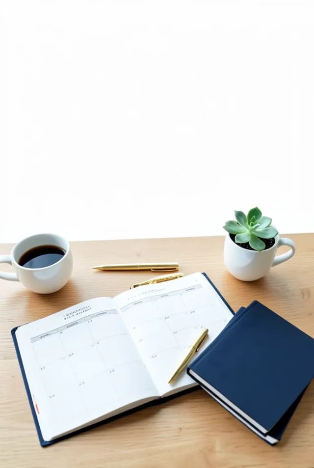 Productivity tips Pinterest pin flat-lay of a desk planner with coffee pen and succulent in white navy and gold
