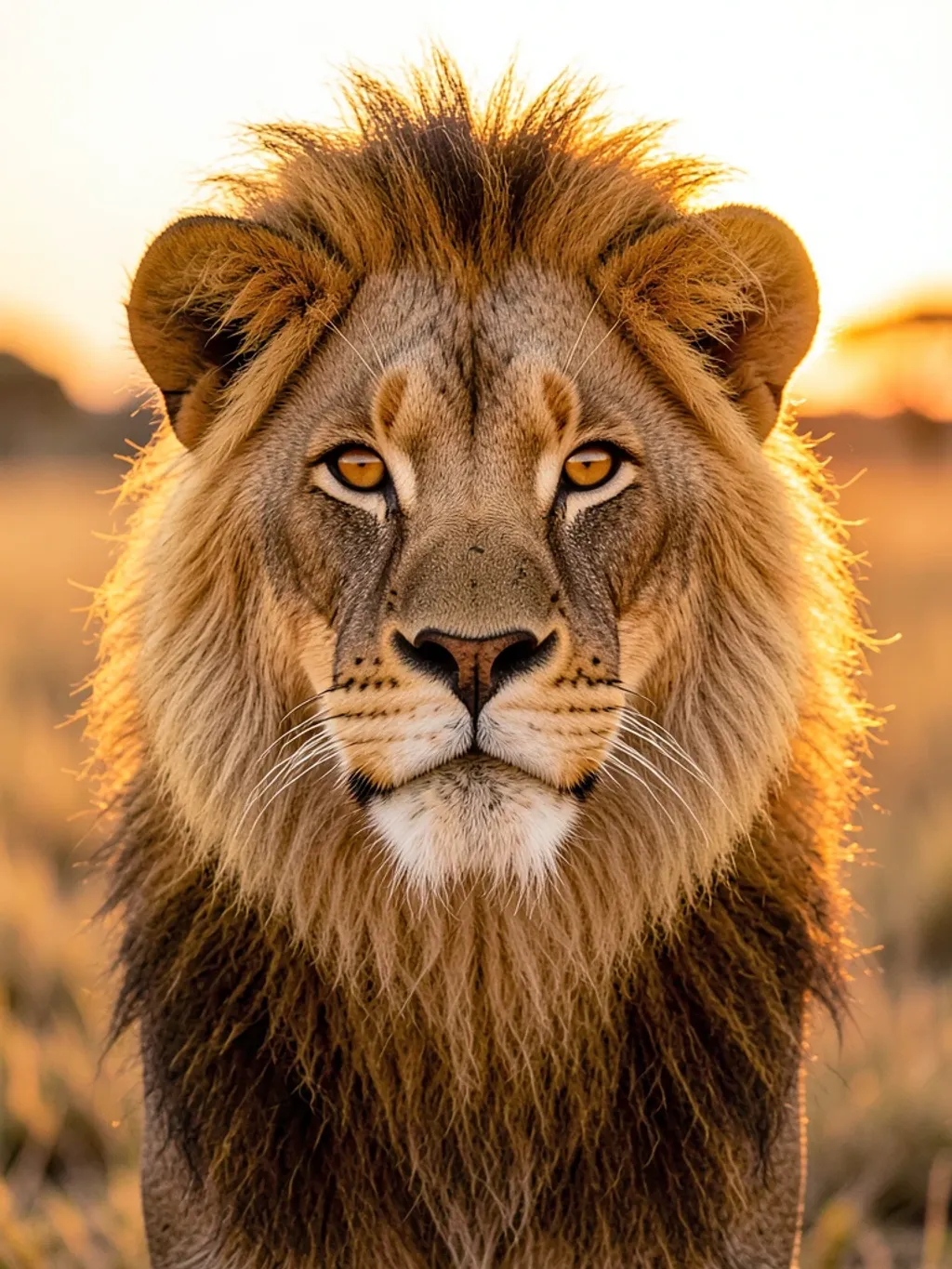 Proud male lion portrait with golden mane and amber eyes backlit by savanna sunset