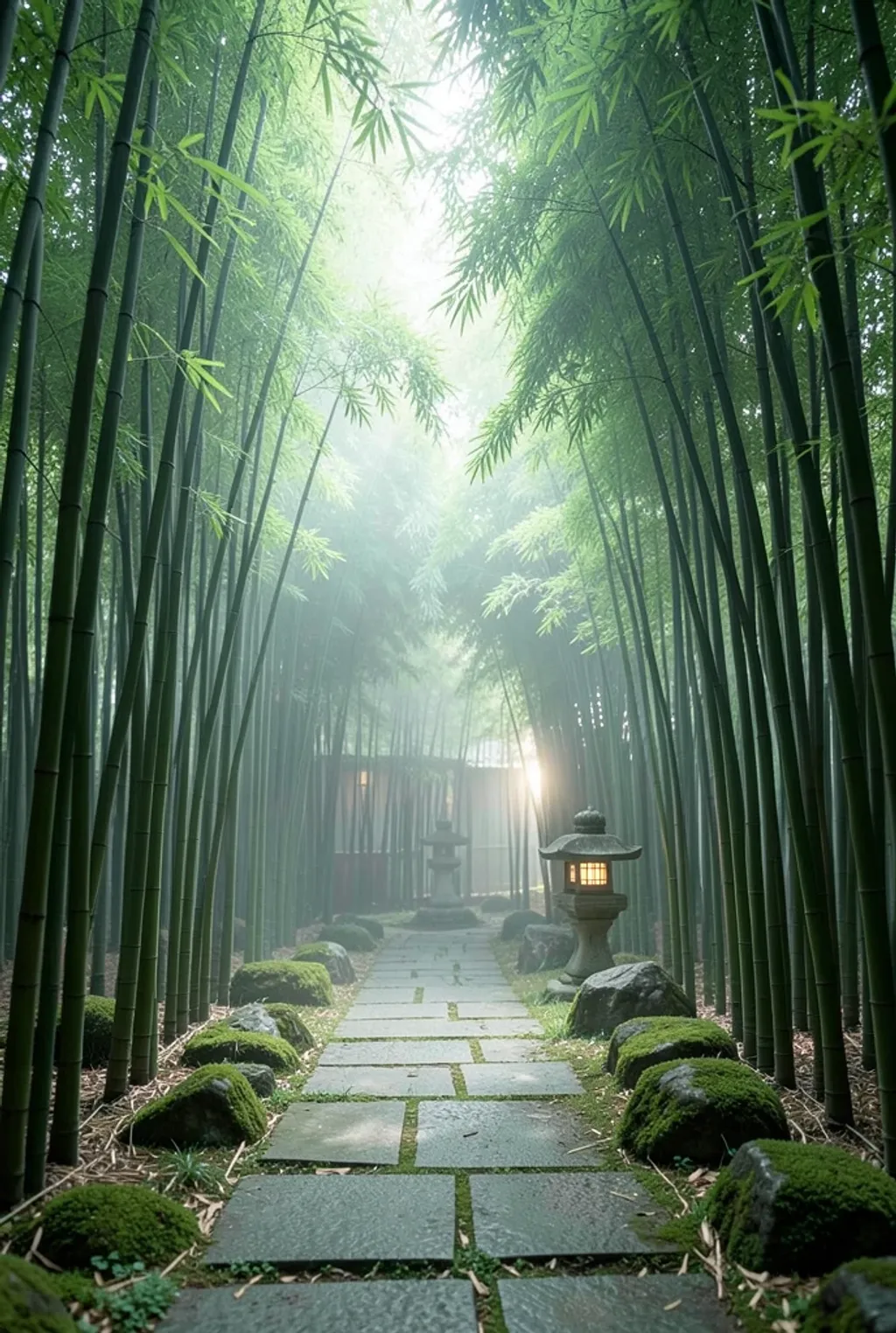 A quiet bamboo garden path with a glowing stone lantern, moss rocks, and morning mist