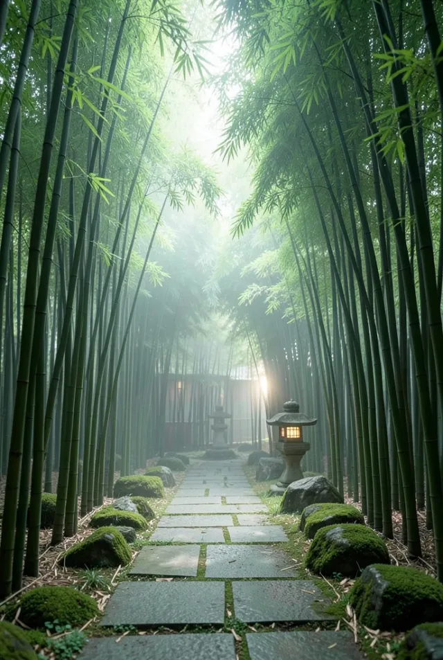 A quiet bamboo garden path with a glowing stone lantern, moss rocks, and morning mist
