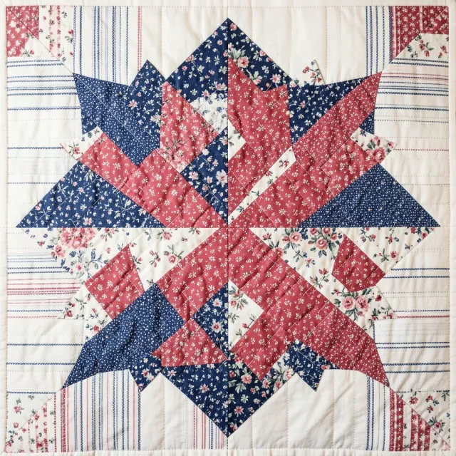 Patchwork quilt block in a LeMoyne star of cranberry and indigo prints on bone-white cotton