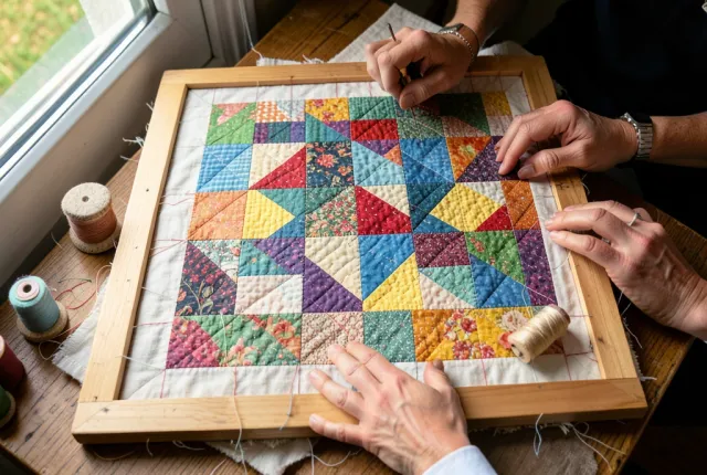 Top-down view of a quilting frame with a half-finished patchwork quilt and hands stitching