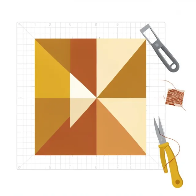 Flat illustration of a patchwork quilt block with triangles, thread and a seam ripper
