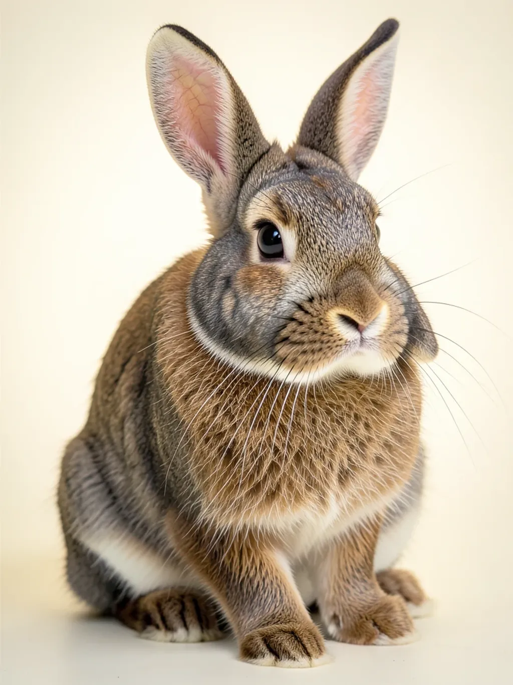 Studio portrait of a lop-eared rabbit with backlit translucent ears on a soft cream backdrop