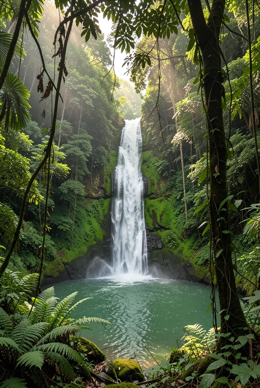 Tall waterfall cascading into a mossy pool inside a dense rainforest with sunbeams and ferns
