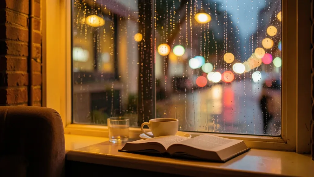 Cozy cafe window seat on a rainy evening with tea, a book, and rain-streaked glass