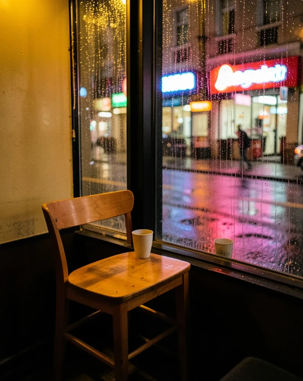 Rainy city cafe window seat at night with warm interior light and rain streaks on glass