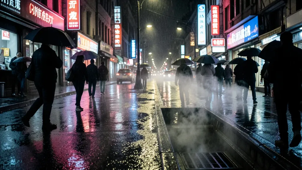 Rainy city street at night with wet pavement reflecting neon signs and umbrellas with steam from a grate