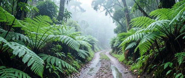 Winding rainforest trail with large ferns lining both sides, raindrops on leaves, and mist in the distance