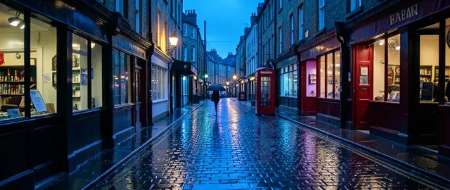 Rainy London street at blue hour with wet cobblestones reflecting warm shop and pub lights